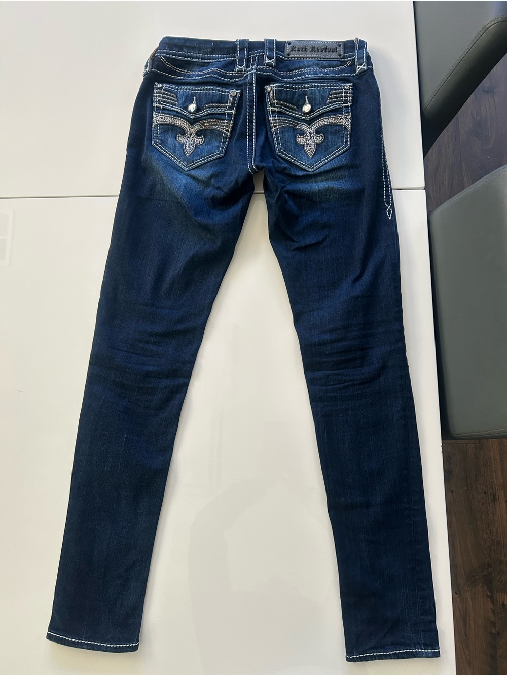 Rock Revival Women's Dark Indigo Skinny Jeans with Embellished Pockets